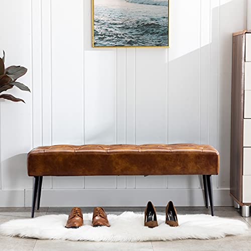 Duhome Button-Tufted Ottoman Bench, Upholstered Bedroom Benches Leather Footrest Stool Accent Bench for Entryway Dining Room Living Room Bedroom End of Bed, Yellowish Brown
