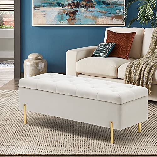 Apeaka Storage Bench Velvet Upholstered Tufted Settee Bench for Bedroom Living Room Entryway Rectangular Ottoman Bench Ivory