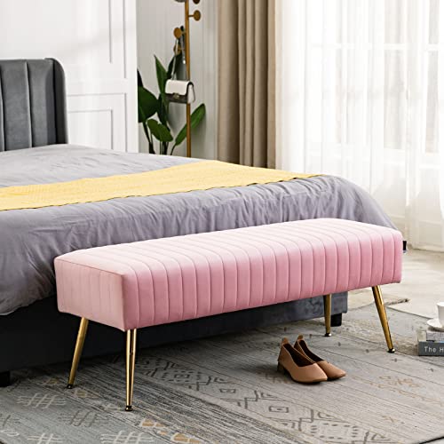 Furnimart 44 Inch Velvet Ottoman Bench, Modern Upholstered Bedroom Benches Footrest Stool Indoor Bench for Entryway Living Room Bedroom Dining Room (Velvet-Pink)
