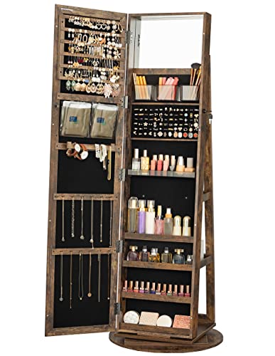 SONGMICS 360° Swivel Jewelry Cabinet, Lockable Jewelry Organizer with Full-Length Mirror, Rear Storage Shelves, Built-in Small Mirror, Jewelry Armoire, for Women, Rustic Brown UJJC006X01
