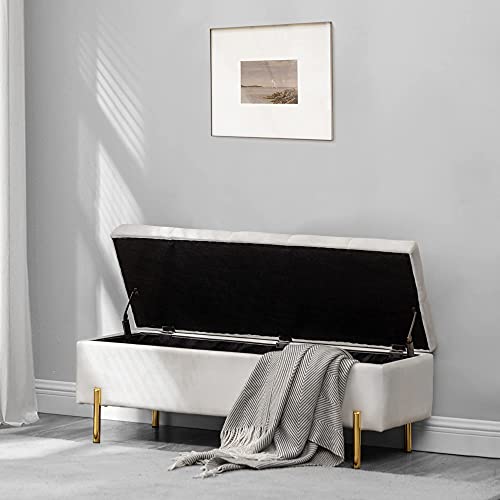 Apeaka Storage Bench Velvet Upholstered Tufted Settee Bench for Bedroom Living Room Entryway Rectangular Ottoman Bench Ivory
