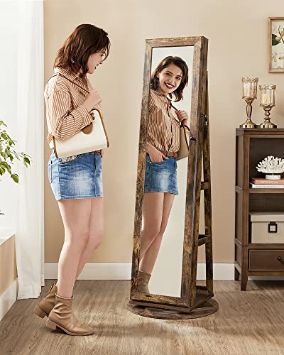 SONGMICS 360° Swivel Jewelry Cabinet, Lockable Jewelry Organizer with Full-Length Mirror, Rear Storage Shelves, Built-in Small Mirror, Jewelry Armoire, for Women, Rustic Brown UJJC006X01