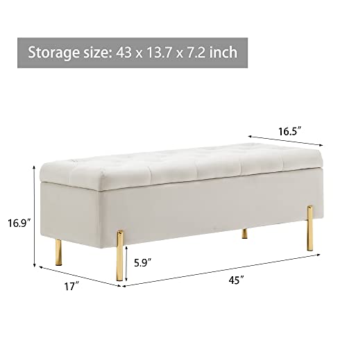 Apeaka Storage Bench Velvet Upholstered Tufted Settee Bench for Bedroom Living Room Entryway Rectangular Ottoman Bench Ivory