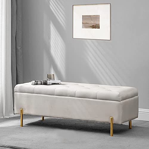 Apeaka Storage Bench Velvet Upholstered Tufted Settee Bench for Bedroom Living Room Entryway Rectangular Ottoman Bench Ivory