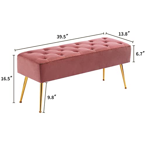 Fefances Modern Velvet Bedroom Bench Entryway Bench Living Room Bench for Bedroom Indoor Benches Gold Ottoman Pink