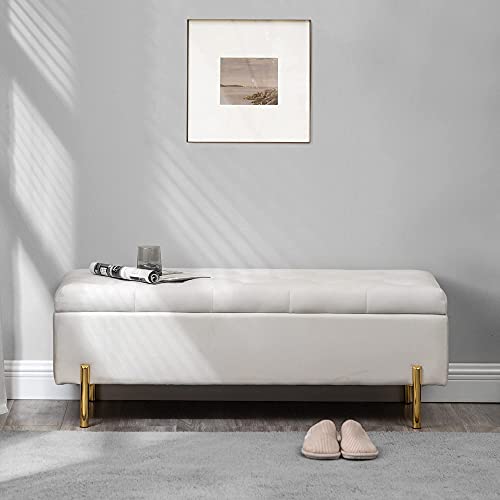 Apeaka Storage Bench Velvet Upholstered Tufted Settee Bench for Bedroom Living Room Entryway Rectangular Ottoman Bench Ivory