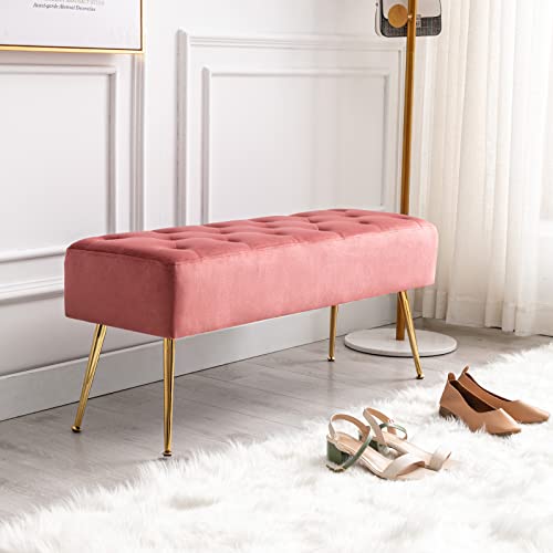 Fefances Modern Velvet Bedroom Bench Entryway Bench Living Room Bench for Bedroom Indoor Benches Gold Ottoman Pink