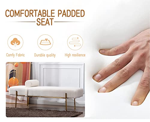 Guyou 55" White End of Bed Bench, Modern Faux Fur Upholstered Ottoman Bench Seat with Gold Legs, Fuzzy Long Bench for Bedroom Living Room Foyer Indoor Entryway (White)
