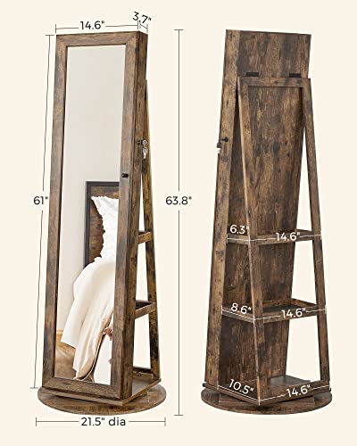 SONGMICS 360° Swivel Jewelry Cabinet, Lockable Jewelry Organizer with Full-Length Mirror, Rear Storage Shelves, Built-in Small Mirror, Jewelry Armoire, for Women, Rustic Brown UJJC006X01
