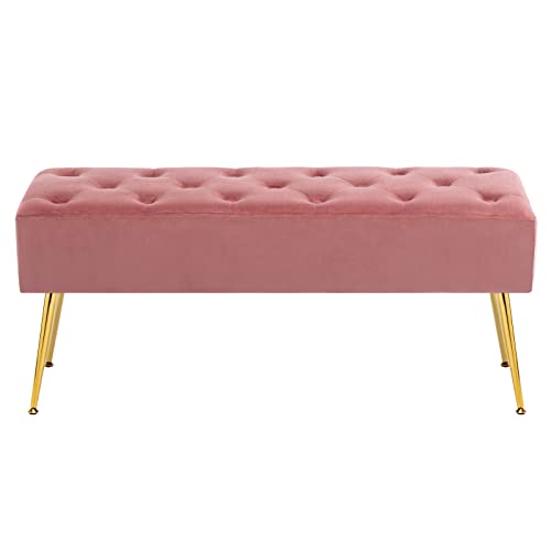 Fefances Modern Velvet Bedroom Bench Entryway Bench Living Room Bench for Bedroom Indoor Benches Gold Ottoman Pink