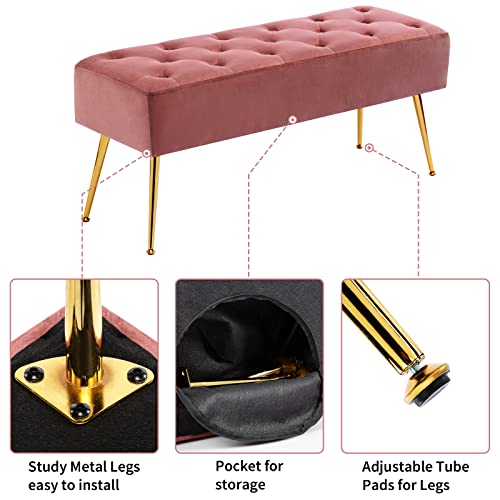 Fefances Modern Velvet Bedroom Bench Entryway Bench Living Room Bench for Bedroom Indoor Benches Gold Ottoman Pink
