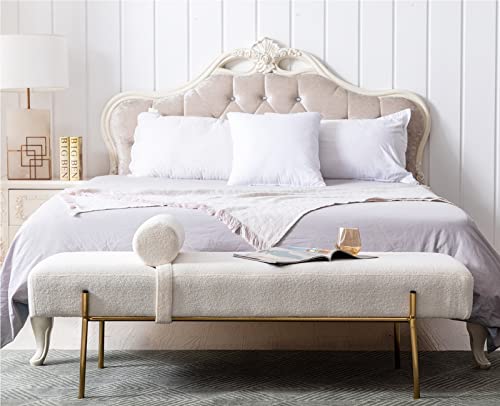 Guyou 55" White End of Bed Bench, Modern Faux Fur Upholstered Ottoman Bench Seat with Gold Legs, Fuzzy Long Bench for Bedroom Living Room Foyer Indoor Entryway (White)