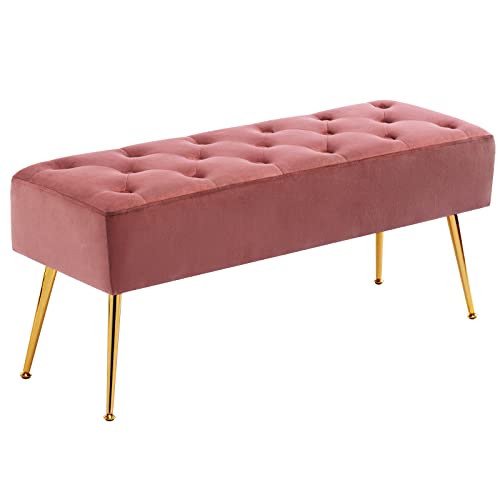 Fefances Modern Velvet Bedroom Bench Entryway Bench Living Room Bench for Bedroom Indoor Benches Gold Ottoman Pink