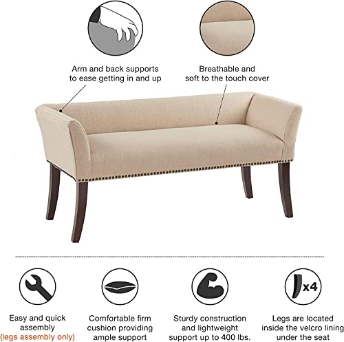 Madison Park Welburn Upholstered Tufted Entryway Accent Bench with Back, Nailhead Trim, and Padded Seat Mid-Century Modern Fabric Ottoman for Bedroom Furniture, 49.5" W x 19.25" D x 23" H, Tan