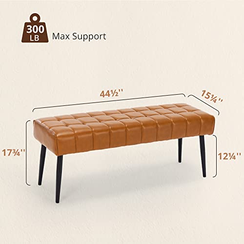 LUE BONA 44.5” End of Bed Bench, Faux Leather Tufted Upholstered Bedroom Bench, Modern Ottoman Bench with Metal Legs for Living Room, Entryway, Dining Room, 300LB, Whiskey Brown