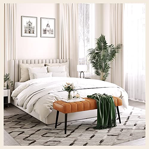 LUE BONA 44.5” End of Bed Bench, Faux Leather Tufted Upholstered Bedroom Bench, Modern Ottoman Bench with Metal Legs for Living Room, Entryway, Dining Room, 300LB, Whiskey Brown