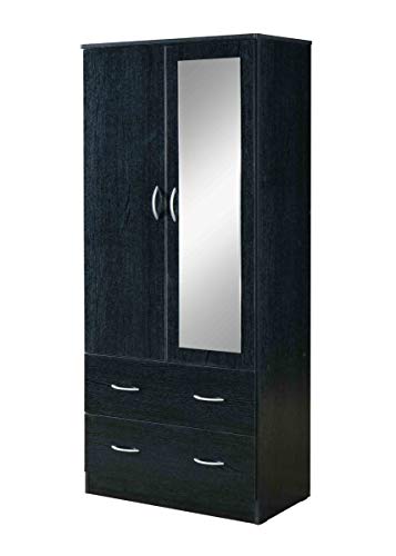 Hodedah Two Door Wardrobe with Two Drawers and Hanging Rod plus Mirror, Black