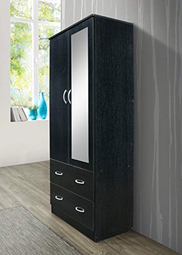 Hodedah Two Door Wardrobe with Two Drawers and Hanging Rod plus Mirror, Black