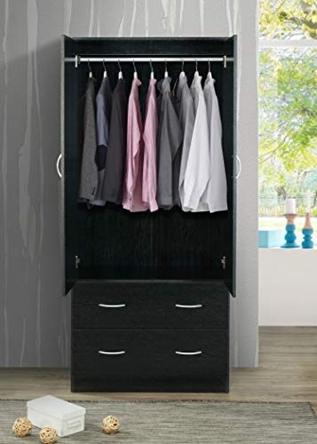 Hodedah Two Door Wardrobe with Two Drawers and Hanging Rod plus Mirror, Black