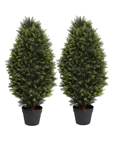 Artificial Cedar topiaries Tree,Artificial Topiary Cypress Tree,Faux,Shrub,with Black Plastic Pot,2Packs Fake Trees,Home Decor for Indoor and Outdoor,Faux Plants Outdoor,Artificial Greenery,35inch 2p
