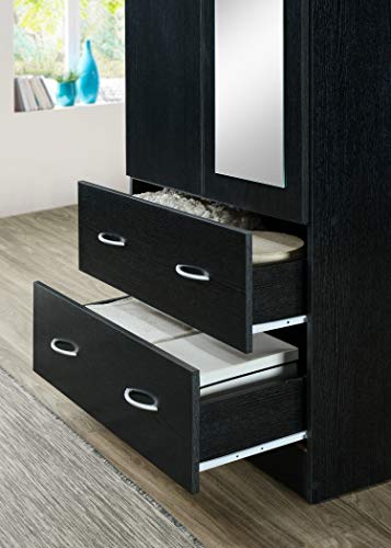 Hodedah Two Door Wardrobe with Two Drawers and Hanging Rod plus Mirror, Black