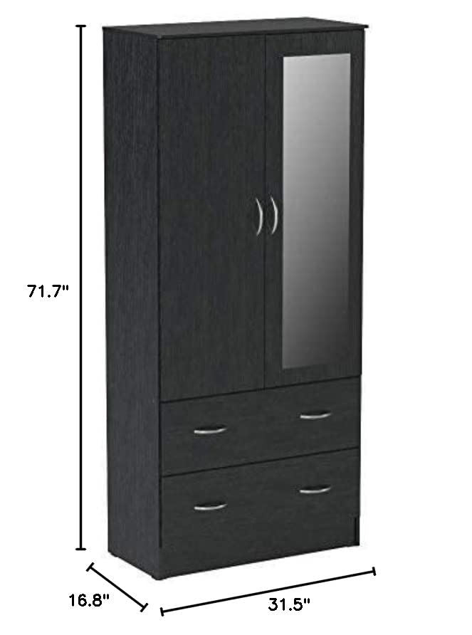 Hodedah Two Door Wardrobe with Two Drawers and Hanging Rod plus Mirror, Black