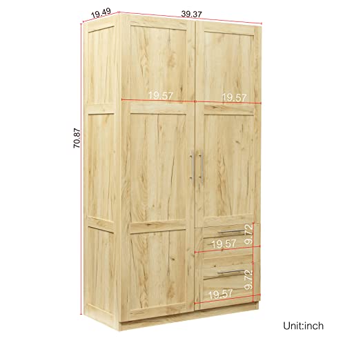 Bituman Bedroom Armoires Wardrobe Closet with Hanging Rod & Drawers and Doors, Wood Closet Organizer with Shelves, Metal Handles,for Bedroom, Oak (39.37”L x 19.49”W x 70.87”H)