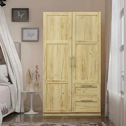 Bituman Bedroom Armoires Wardrobe Closet with Hanging Rod & Drawers and Doors, Wood Closet Organizer with Shelves, Metal Handles,for Bedroom, Oak (39.37”L x 19.49”W x 70.87”H)