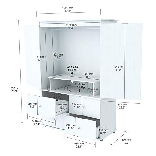 Inval Laminate AV Video Combo Bedroom Cabinet, Washed Oak Armoire, White