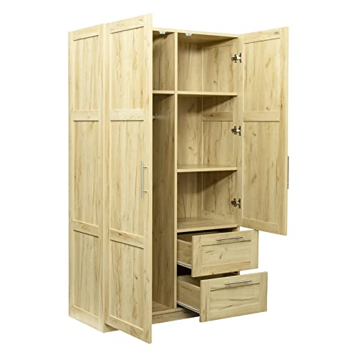 Bituman Bedroom Armoires Wardrobe Closet with Hanging Rod & Drawers and Doors, Wood Closet Organizer with Shelves, Metal Handles,for Bedroom, Oak (39.37”L x 19.49”W x 70.87”H)