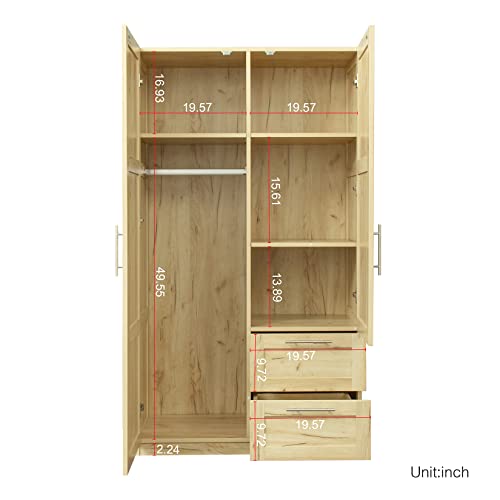 Bituman Bedroom Armoires Wardrobe Closet with Hanging Rod & Drawers and Doors, Wood Closet Organizer with Shelves, Metal Handles,for Bedroom, Oak (39.37”L x 19.49”W x 70.87”H)