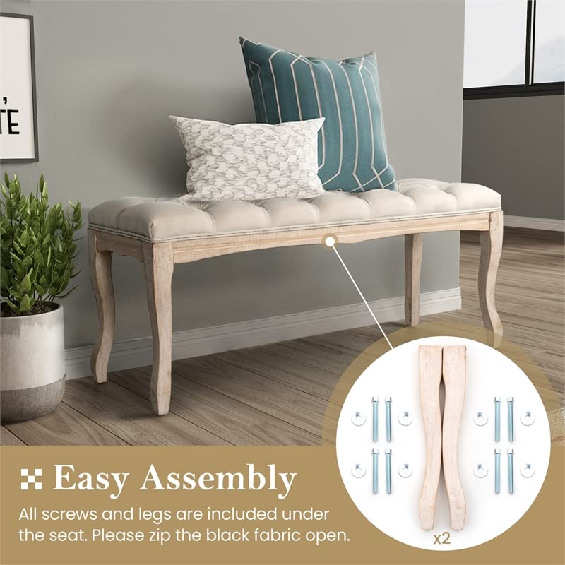 Crestlive Products Upholstered Tufted Bench, Wood Bed Ottoman Middle Century Modern Rectangular Footrest for Bedroom Entryway Channel (Beige)