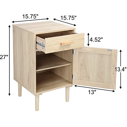 Finnhomy Tall Nightstands Set of 2, End Table, Side Table with Drawer and Shelf, Hand Made Rattan Decorated Doors, Wood Accent Table with Storage for Bedroom, Natural, 2 Pack