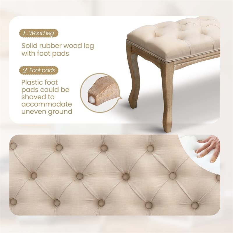 Crestlive Products Upholstered Tufted Bench, Wood Bed Ottoman Middle Century Modern Rectangular Footrest for Bedroom Entryway Channel (Beige)