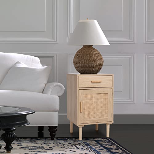 Finnhomy Tall Nightstands Set of 2, End Table, Side Table with Drawer and Shelf, Hand Made Rattan Decorated Doors, Wood Accent Table with Storage for Bedroom, Natural, 2 Pack
