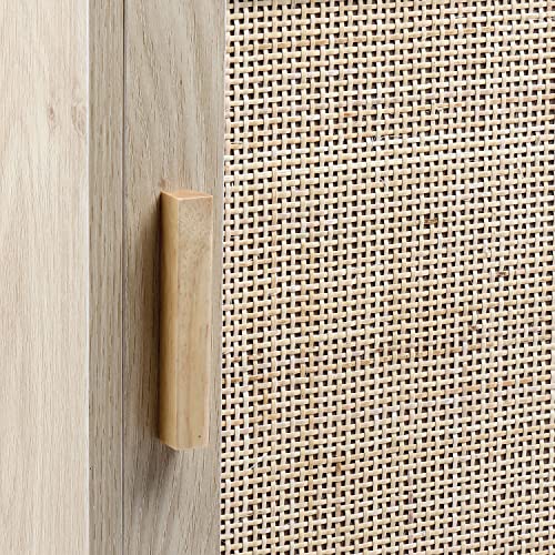 Finnhomy Tall Nightstands Set of 2, End Table, Side Table with Drawer and Shelf, Hand Made Rattan Decorated Doors, Wood Accent Table with Storage for Bedroom, Natural, 2 Pack
