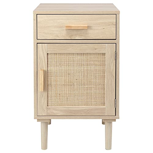 Finnhomy Tall Nightstands Set of 2, End Table, Side Table with Drawer and Shelf, Hand Made Rattan Decorated Doors, Wood Accent Table with Storage for Bedroom, Natural, 2 Pack