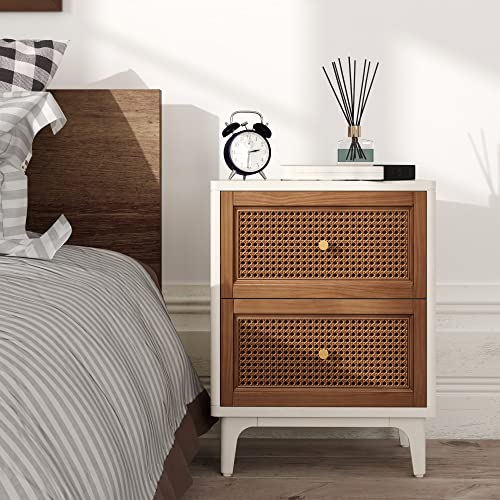 COZAYH Fully-Assembled 2-Drawer Woven Cane Front Accent Nightstand with Brass Knobs for Living Room, Bedroom, Distressed White