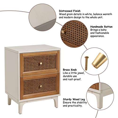COZAYH Fully-Assembled 2-Drawer Woven Cane Front Accent Nightstand with Brass Knobs for Living Room, Bedroom, Distressed White