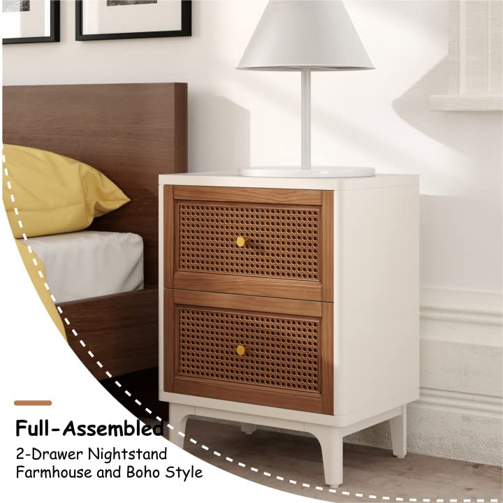 COZAYH Fully-Assembled 2-Drawer Woven Cane Front Accent Nightstand with Brass Knobs for Living Room, Bedroom, Distressed White