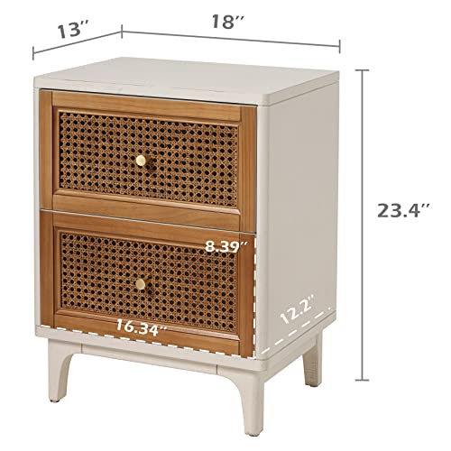 COZAYH Fully-Assembled 2-Drawer Woven Cane Front Accent Nightstand with Brass Knobs for Living Room, Bedroom, Distressed White