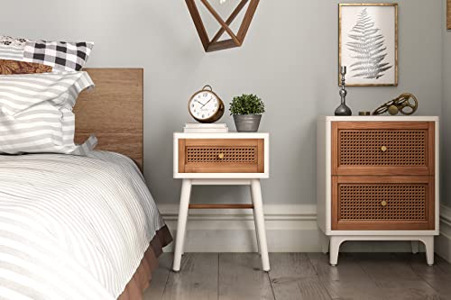 COZAYH Fully-Assembled 2-Drawer Woven Cane Front Accent Nightstand with Brass Knobs for Living Room, Bedroom, Distressed White