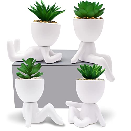 4 PCS Artificial Succulent Plants with Creative Ceramic Human Figure Planter Pot, Mini Potted Planter Succulent Decor for Desktop Office Bedroom Table (Ceramic White)