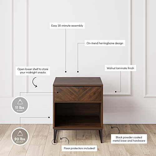 Nathan James Kensi Nightstand Side Accent or End Table with Storage, Walnut/Black