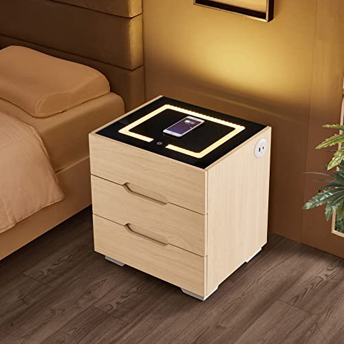OLD CAPTAIN Nightstand Wireless Charging Station and LED Lights, Modern End Side Table with 3 Drawer for Bedrooms (White)