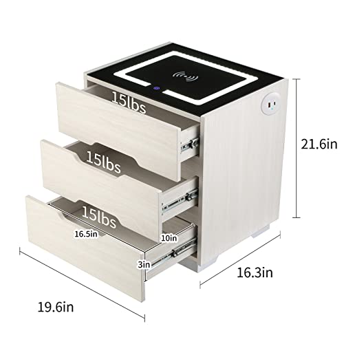 OLD CAPTAIN Nightstand Wireless Charging Station and LED Lights, Modern End Side Table with 3 Drawer for Bedrooms (White)