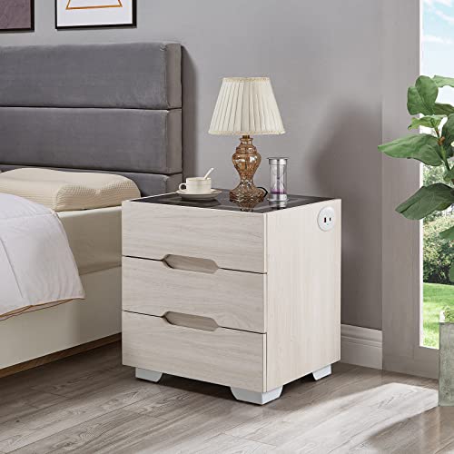 OLD CAPTAIN Nightstand Wireless Charging Station and LED Lights, Modern End Side Table with 3 Drawer for Bedrooms (White)