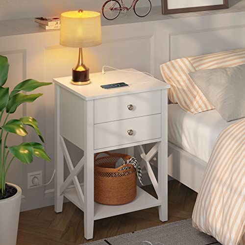 Rolanstar Nightstand with Charging Station, Night Stand with 2 Drawers, 2 AC and USB Power Outlets, Accent Bed Side Table with Storage Shelf for Bedroom, White