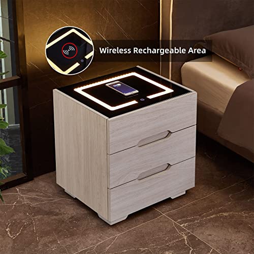 OLD CAPTAIN Nightstand Wireless Charging Station and LED Lights, Modern End Side Table with 3 Drawer for Bedrooms (White)