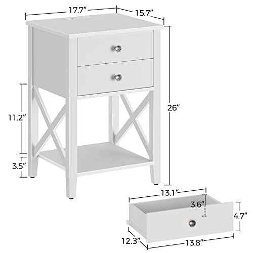 Rolanstar Nightstand with Charging Station, Night Stand with 2 Drawers, 2 AC and USB Power Outlets, Accent Bed Side Table with Storage Shelf for Bedroom, White